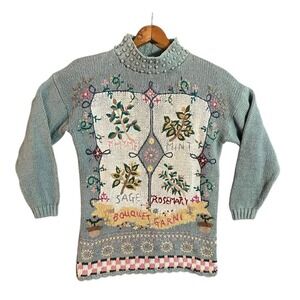Beldoch Petites Embroidered Mock Neck Sweater P/M Sage Rosemary Thyme Mint